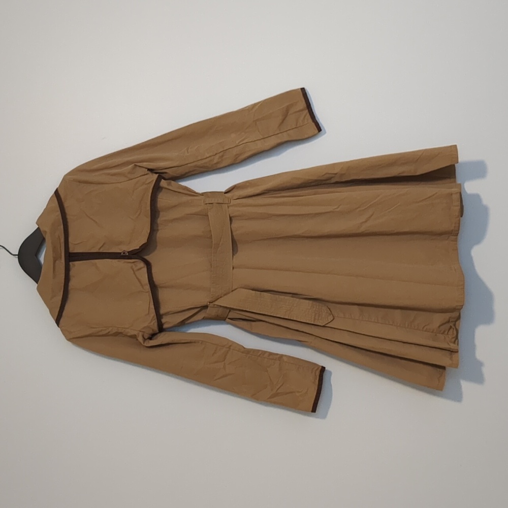 Anthropologie EttTwa Camel Trench Coat Dark Trim 100% Cotton 8 - Picture 2 of 10